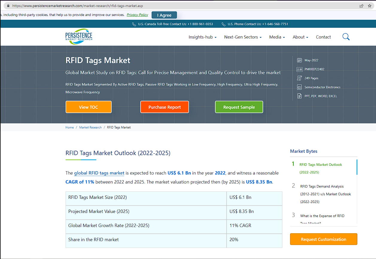 2022 年，全球 RFID 標(biāo)簽市場(chǎng)規(guī)模預(yù)計(jì)將達(dá)到 61 億美元，2022 年至 2025 年復(fù)合年增長(zhǎng)率將達(dá)到 11% 。屆時(shí) (到 2025 年) 的市值預(yù)計(jì)為 83.5 億美元